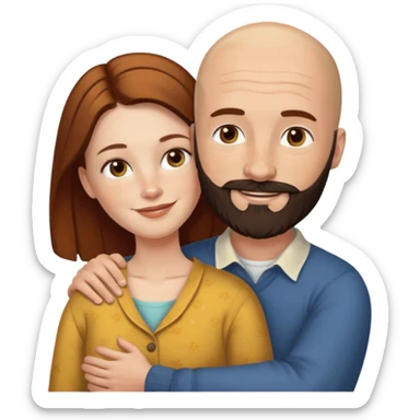Couple. Bald man with dark brown-black beard. White woman with many small, faded freckles, she has white skin and she has auburn-yellow-brown-cinnamon, dark long hair. She has light brown eyes. The man have hazel eyes. Retro style. They hug. sticker