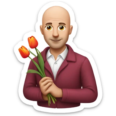Bald man holding a tulip and fruit sticker