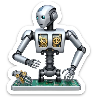 An icon featuring a humanoid robot assembling parts with mechanical arms, a circuit board in its chest, and a conveyor belt in the background. The design includes gears, sensors, and a robotic claw, symbolizing robotics innovation and automation. Transparent background sticker