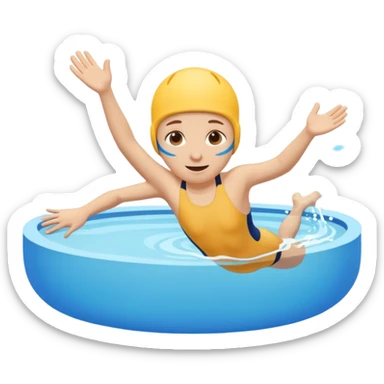 Cute emoji of a swimmer diving into a pool, rounded shapes, friendly style, bright blue water, minimal facial details. sticker