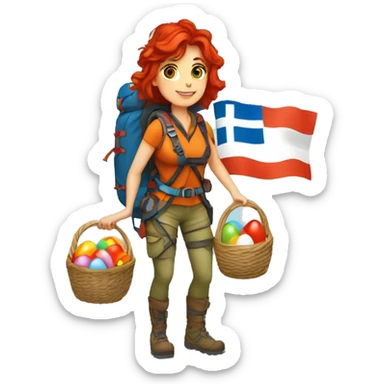 Female winter mountain climber red loose hair climbing with Greek flag on backpack and holding Easter eggs basket sticker