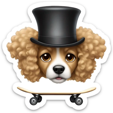  dog with light tan curly short fur, very very long ears down. dark brown eyes, mouth closed. wearing a top hat on a skateboard sticker