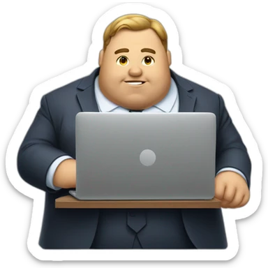very fat wearing a suit guy working in a small laptop sticker