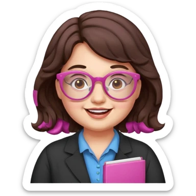 happy chubby English teacher, pink glasses, wavy dark brown hair, face only, classroom background, emoji style, online class setting sticker