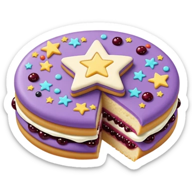 a pastel purple sandwich cookie with soft crumbly texture, a star-shaped jam cutout in the center showing glossy dark berry filling, and creamy filling with colorful sprinkles.  sticker