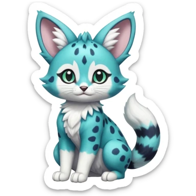 Exotic tropical shiny cute realistic Cobalt-Blue green turquoise black white Purloin-Meowstic-Minccino-Cinccino-serval-furret-Noibat-caracal-fusion-hybrid-creature (full body) sticker