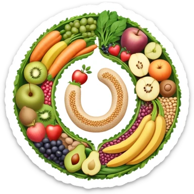 Dietary fiber concept with whole grains, fruits, vegetables and legumes arranged in a circular pattern, with a stylized intestine in the center showing fiber passing through, surrounded by small arrows indicating movement and digestion sticker