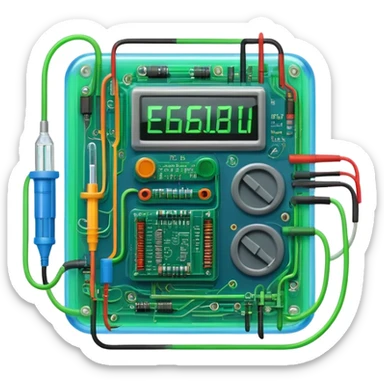 An icon featuring circuit boards, glowing wires, and a multimeter, symbolizing electrical engineering. The design includes voltage symbols and electric currents flowing through components, representing the study and application of electricity. Transparent background sticker