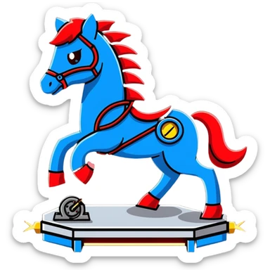 fast electric horse made of electricity, metal plates, bolts, visible blue and red wires, lightning coursing through its body, robotic appearance sticker