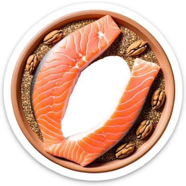 Floating arrangement of omega-3 rich foods: fresh salmon fillets, walnuts, flaxseeds, chia seeds and golden omega-3 capsules, all emitting a soft golden glow. The foods orbit around a central shimmering omega symbol, with gentle flowing energy connecting them. sticker