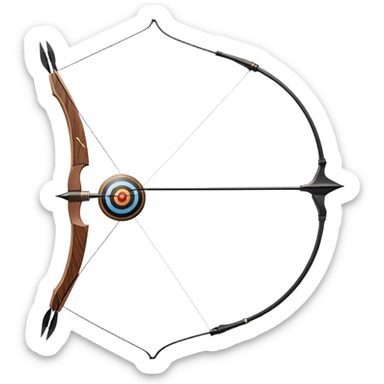 A professional recurve bow with an arrow nocked, ready to be released. The target features concentric rings, placed at a distance. The emphasis is on the bow, arrow, and target, highlighting the precision, focus, and skill involved in competitive archery. sticker