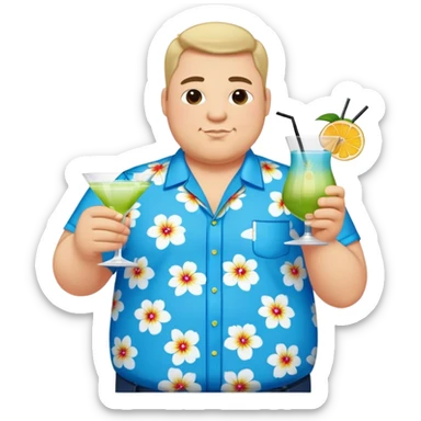 chubby guy full figure in a flowered azure havai shirt holding a cocktail sticker