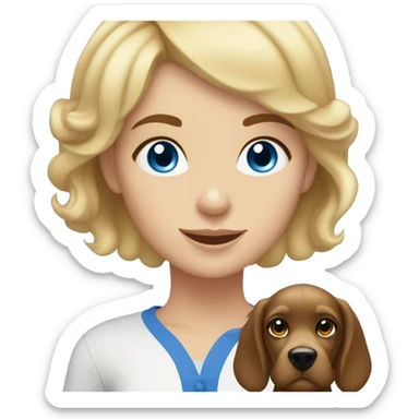 brunette girl short hair blue eyes  with blonde cocker spaniel sticker