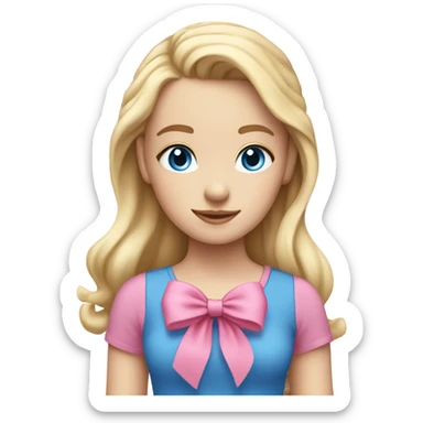 pale girl with blue eyes and blonde hair wearing a pink shirt and a pink hair bow sticker