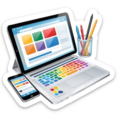 Modern icon for Web Design: a computer and smartphone or tablet screen displaying a website layout, HTML code, and design tools like a stilus and color palette. Transparent background. sticker