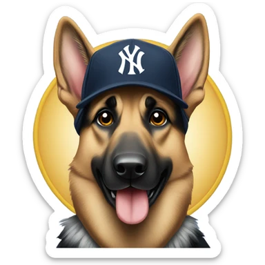 German shepherd wearing a Yankees hat sticker