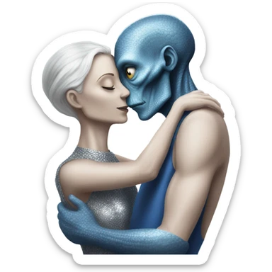 White man in blue dress  hugs and kissing Alien reptilian woman in silver dress  sticker