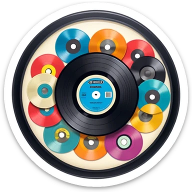 Icon for Vinyl Record Collecting: colorful vinyl records in decorative packaging featuring artist images, neatly arranged on a wall or shelf. The icon should reflect the aesthetic and artistic aspect of collecting vinyl records. Transparent background. sticker