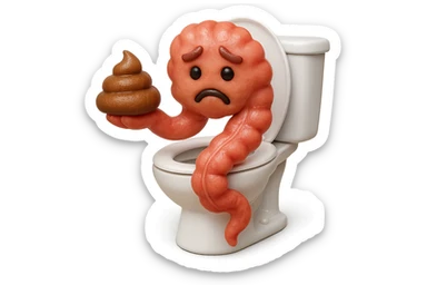 emoji stile iphone di un intestino realistico 3d che esce dal wc con in mano una montagnetta di feci con espressione triste a palline, iperrealistico 4k sticker