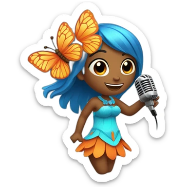 Cartoon Blue and orange girli tiki singing with butterfly and in the mikrophone sticker
