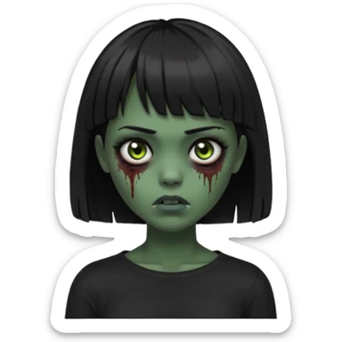 Zombie girl emoji verde escuro com cabelo curto liso preto no ombro e franja na altura da sobrancelha cobrindo completamente a testa, usando uma blusa preta, com a cor dos olhos sendo PRETOS  sticker