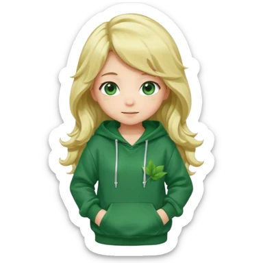 Chibi anime girl, full body, long wavy blonde hair, large green eyes, blushing cheeks, shy smile, leaning forward, wearing an oversized green hoodie with a dark green leaf pattern. sticker