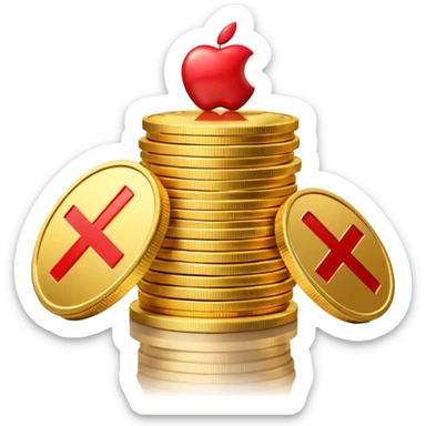 A stack of shiny gold coins without any symbols on top, crossed by a red prohibition sign (no symbol). Apple Emoji style, 3D look, soft reflections, clean white background, high-quality rendering, realistic lighting and shadow, smooth gradients, no text or logo. sticker