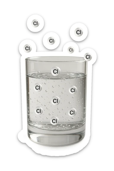un bicchiere di acqua fluttua in aria realistico e dettagliato, dentro l'acqua del bicchiere ci sono particelle di cloro ben visibili con la scritta "Cl" sopra, ci sono particelle anche che escono dal bicchiere e fluttuano in aria verticalmente, mentre alcune sono all'interno dell'acqua nel bicchiere, iperrealistico 4k sticker
