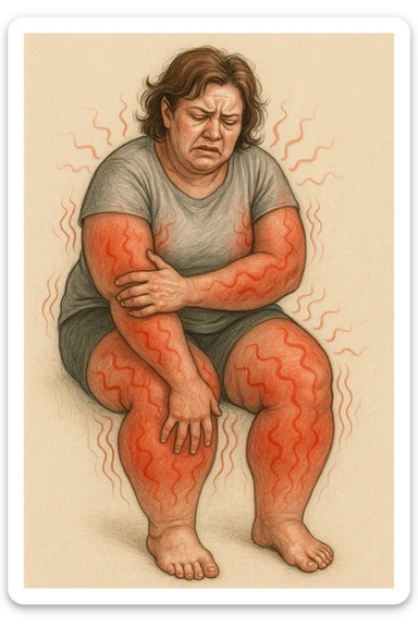"Woman with lipedema experiencing constant burning and aching pain in disproportionately swollen legs and arms, pain radiating through enlarged fat deposits shown as red heat signatures, expression of chronic suffering and exhaustion, normal daily activities becoming torture due to inflammatory adipose tissue, pain levels fluctuating unpredictably throughout the day" scritte in italiano sticker