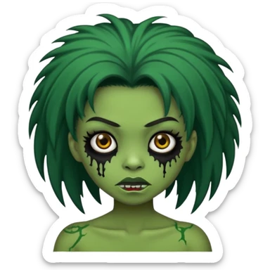 Faça uma menina de cabelo liso preto com franja zumbi cabelo longo 🧟‍♀️ faça ela assim faça ela verde com cara mais assustadora sticker