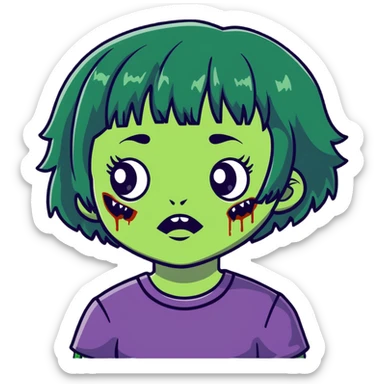 zombie girl with short wavy hair and black bangs, greenish skin sticker