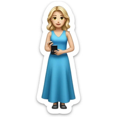 a white girl in a blue dress holding a cell phone sticker