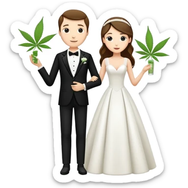 A bride in white wedding dress and groom in tuxedo, full body, sharing cannabis, wedding couple, different pose sticker