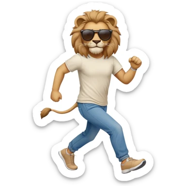 friendly anthropomorphised lion in jeans and a t-shirt, wearing dark sunglasses, jogging upright in relaxed pose sticker