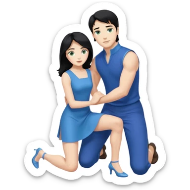 prince, upright, black Hair, blue eyes, blue garment,  Woman, blonde Hair, Green eyes, bending knee, sleveless, white Dress, sticker