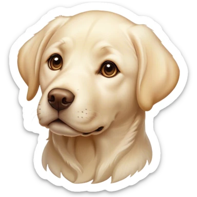 Cinematic Cute Cream Labrador Portrait Emoji, Head tilted playfully and inquisitively, featuring a silky cream Fur with a gentle sheen, round, sparkling warm eyes filled with curiosity, Simplified yet irresistibly adorable features, highly detailed, glowing with a warm, friendly glow, high shine, affectionate and spirited, stylized with a touch of whimsy, bright and endearing, soft glowing outline, capturing the essence of a mischievous yet loving companion, so playful it feels like it could dash out of the screen and into your arms! sticker