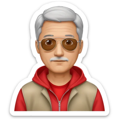 50-year-old man with some grey hair, aviator sunglasses, wearing a red hoodie sticker