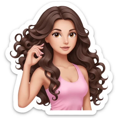 beautiful brunette with a light balayage white girl with nice defined and long curls , very long hair, clean girl makeup STRETCHING IN LIGHT PINK GYM sticker