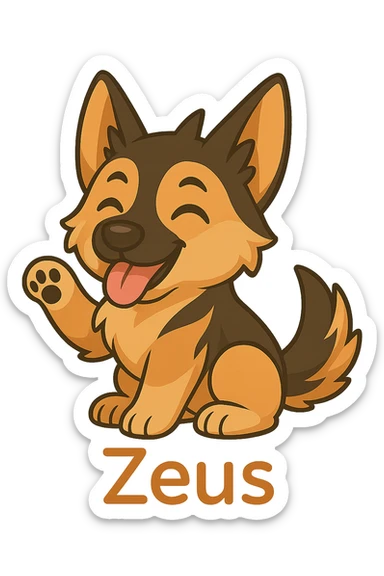 Make the name 'Zeus' under the chibi German Shepherd dog bold and easy to read, keeping the chibi stickers style and transparent background. sticker