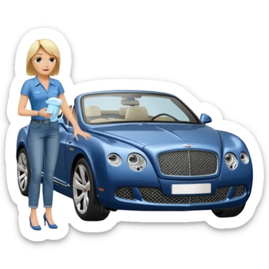 A heavy set middle aged blond lady in blue jeans washing a black Bentley car. show the full car and the lady next to it. show the face smaller and the person standing beside it...use the  sticker