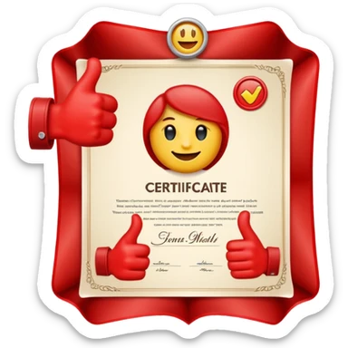 A simple emoji of a certificate document with a seal and a thumbs-up symbol, representing qualification or certification emoji style sticker