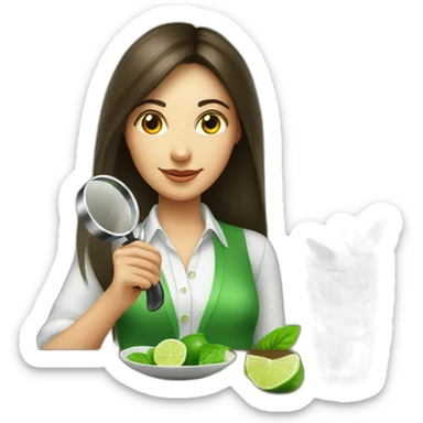 brunette girl with left magnifying glass and right mojito sticker