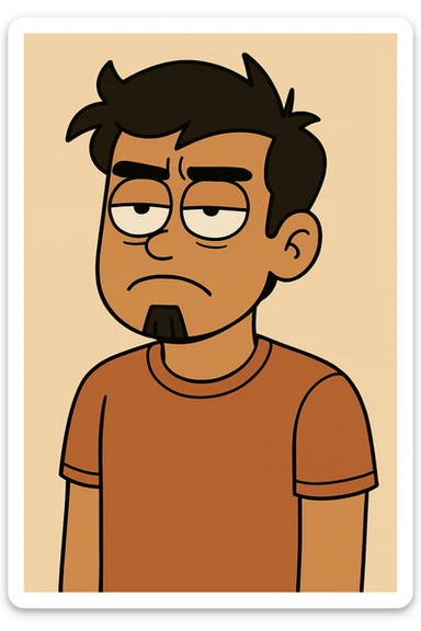 Make the tan complexion male with black hair look more annoyed while rolling his eyes, and add a small goatee beard. Keep the style and background the same as the original image. sticker