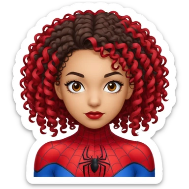 Lightskin girl with curly hair, eyebrow piercing in left side, wearing a spider man costume sticker