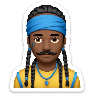 big lose braids starting from the top of the head man with mustache face wiith big visible braids and mono color headband on head  face and braids as big as headband and lots and lots of face tattoos colored tattoos like a tattoo artist hair unique color sticker