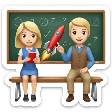 Girl is teaching a guy how to make rocket emojis. Girl at blackboard, guy on bench learning. sticker