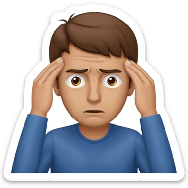  iOS emoji style - A stressed man stands and messages his temples. He has brown hair. Stress sticker
