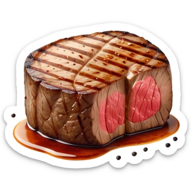 Cinematic thick-cut scotch fillet steak, perfectly seared with grill marks, a grilled center, rich and savory, warm glow, sizzling and mouthwatering, highly detailed and appetizing. sticker