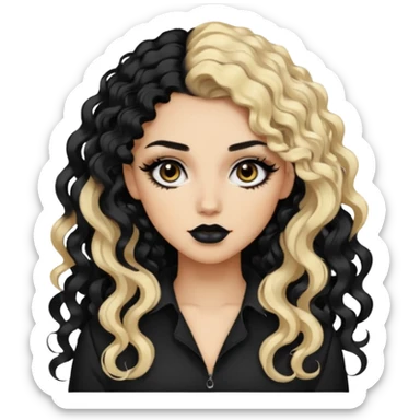 split dye leftside blonde rightside black-brown hair, baddie, pretty makeup, black eyeliner, long curly hair sticker