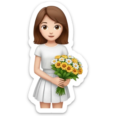 girl with brown hair wearing a white skirt holding a bouquet of flowers sticker